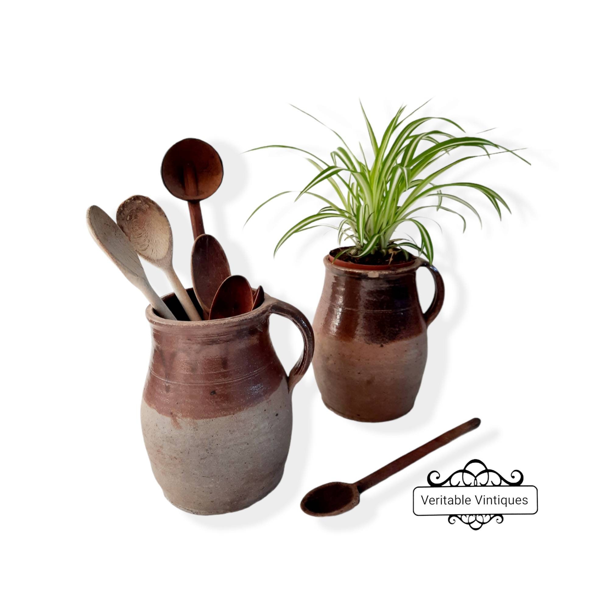 Antique Français Grès Crock, avec Poignée, Porte-Ustensiles de Cuisine, Pot Confit, Pichet Rustique,