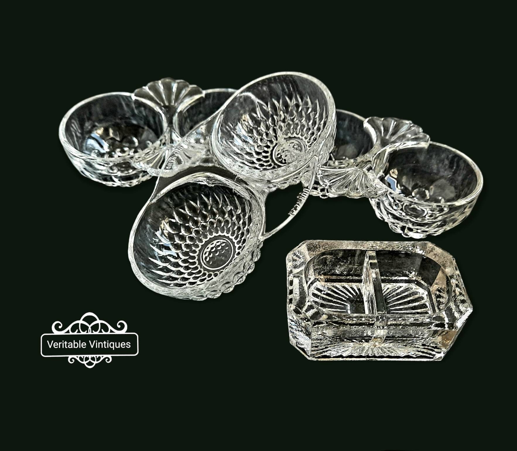 Vintage Français Pots de Pincée en Verre Sel et Poivre, Plat à Anneaux, Ensemble Cruet, Salières Poi