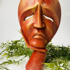 Unique Vintage Indonesian Wooden Mask, Professionally Hand Painted, Sad Face, Free standing, Face Sculpture, Hand Resting, Boho Home Decor