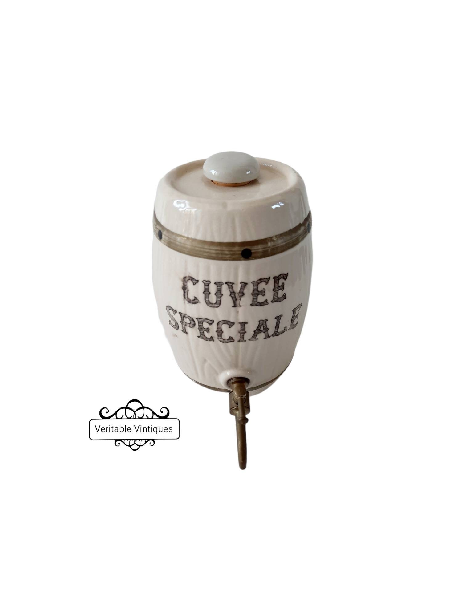 Vintage Français Wine Barrel Ceramic, Cuvee Speciale, Brass Tap, Liqueur Bottle & Original Stopper, 