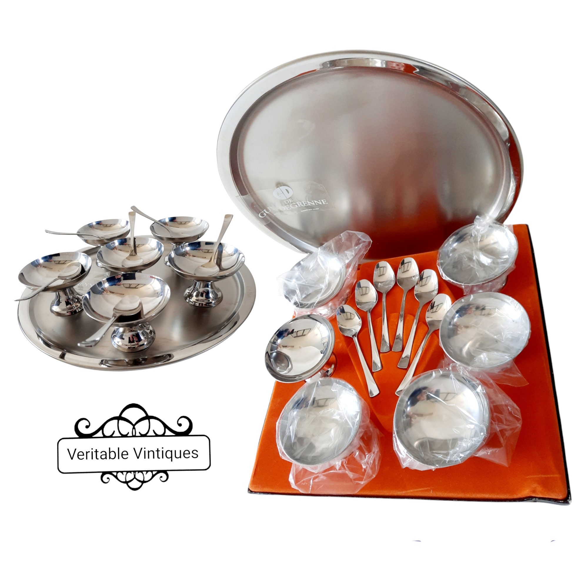 Guy Degrenne, Boxed 6 Vintage Français Coupes Glace, Cuillères & Plateau, Service Inutilisé, Tasses 