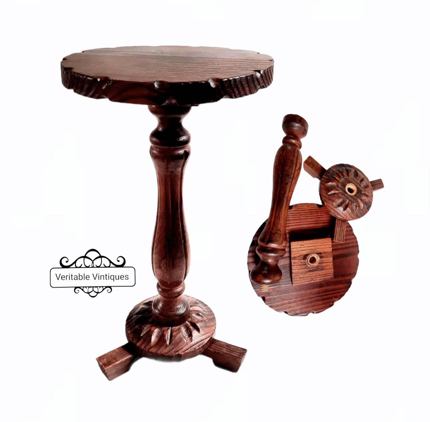 Table d'appoint Vintage Français, Piédestal Rond, Démontages Pour Voyage, Rustique, Stand de Plantes