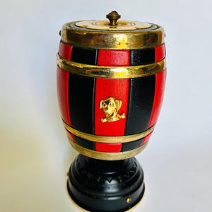 Vintage Cigarette Dispenser, Barrel, Gold Dog Motif, Table Top, Cigarette Holder, Bar Decor, Mid Century,