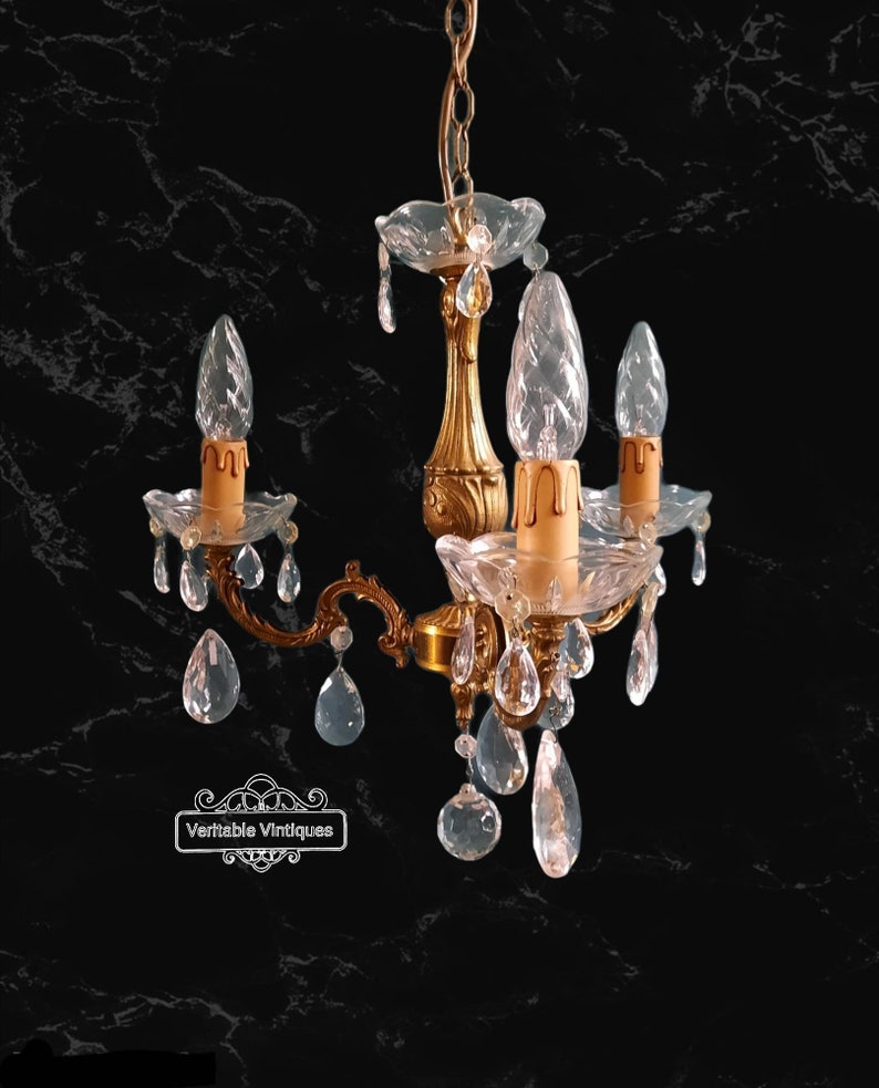 Vintage Italian Chandelier Crystal Brass Hollywood Regency Style Triple Light French Chateau Lighting