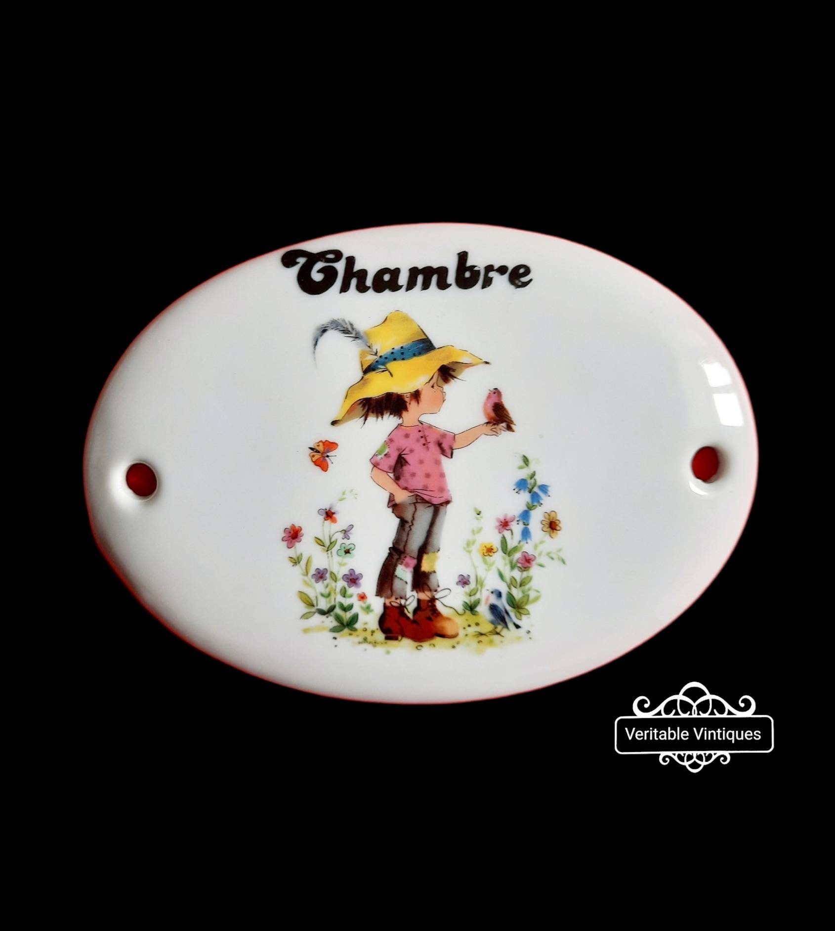 Vintage Français Plaque de Porte Chambre à Coucher en Porcelaine, Des Enfants