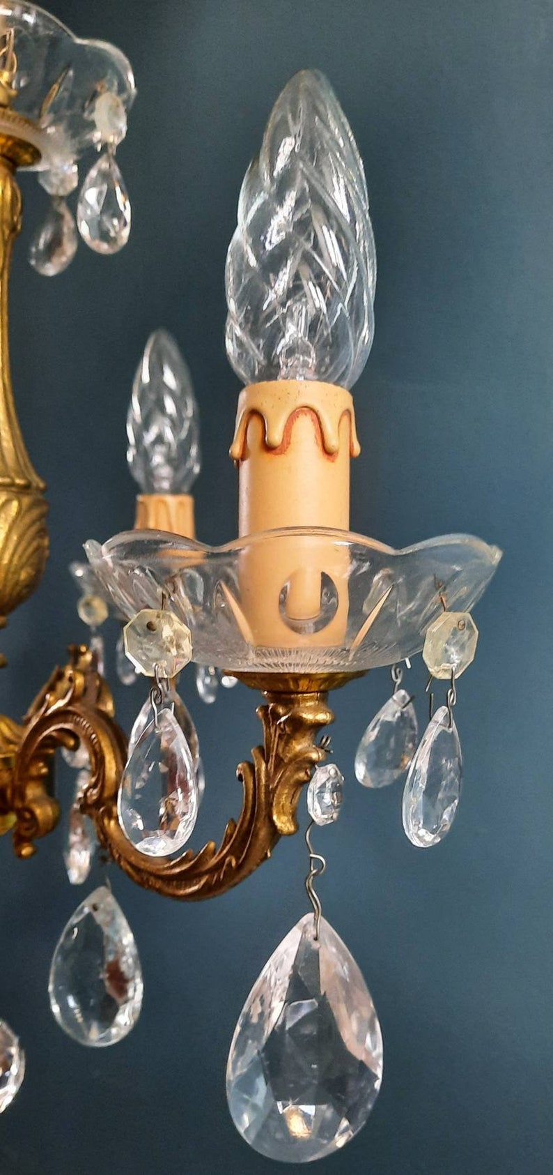 Vintage Italian Chandelier Crystal Brass Hollywood Regency Style Triple Light French Chateau Lighting
