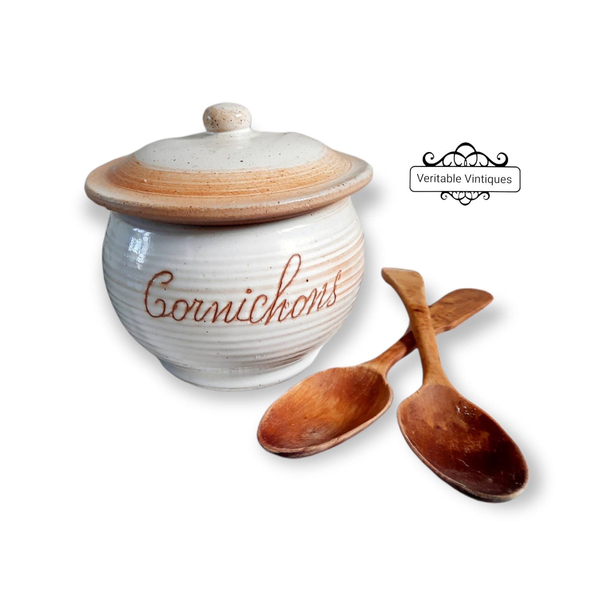 Vintage Français Pickle Jar, Lidded Cornichon Pot, Ceramic Glazed, Gres Du Marais, Farmhouse Decor, 