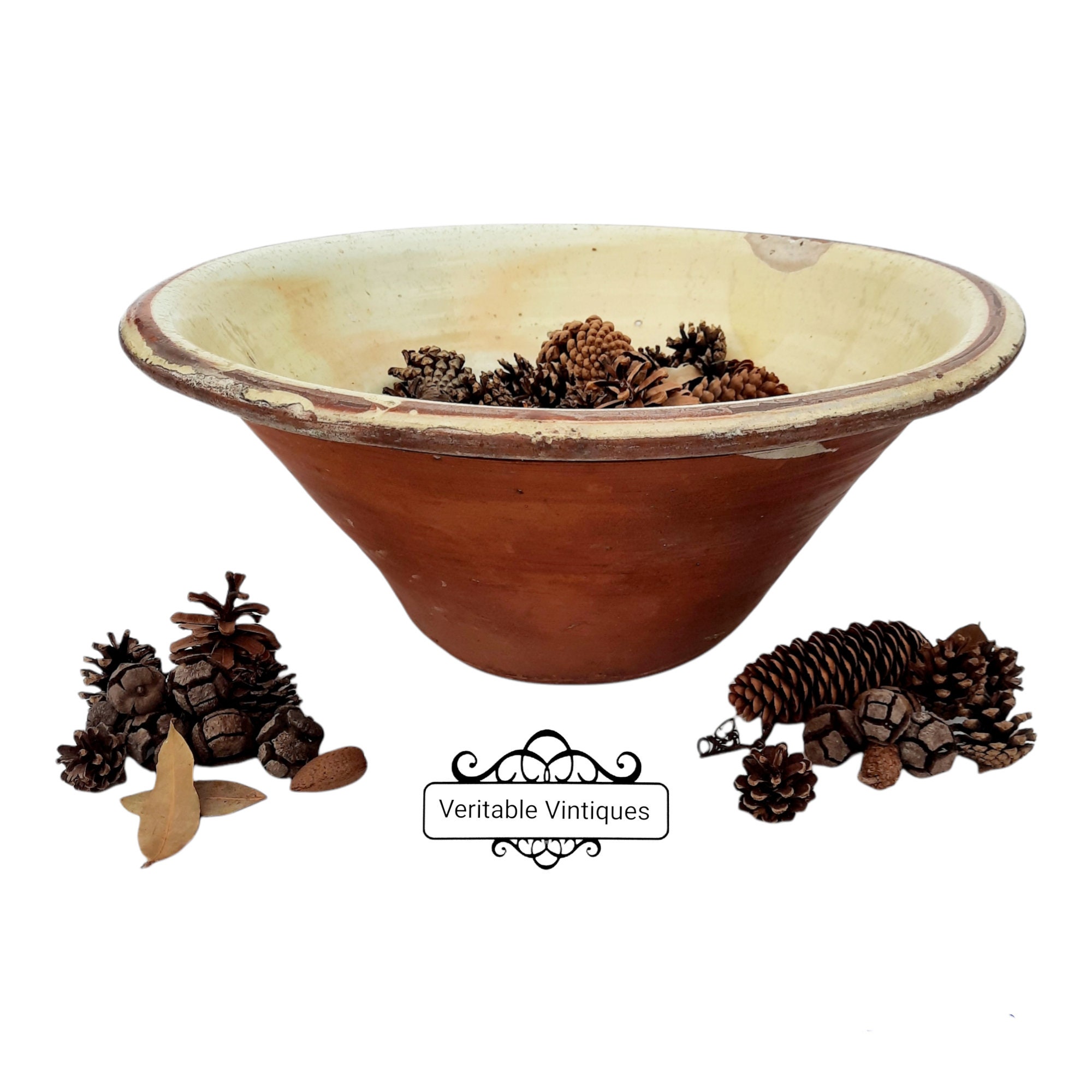 xl 1800S Antique Terracotta Dairy Bowl, Tian, Yellow Glaze, Bol à Mélanger, Cuisine Rustique, Décor 