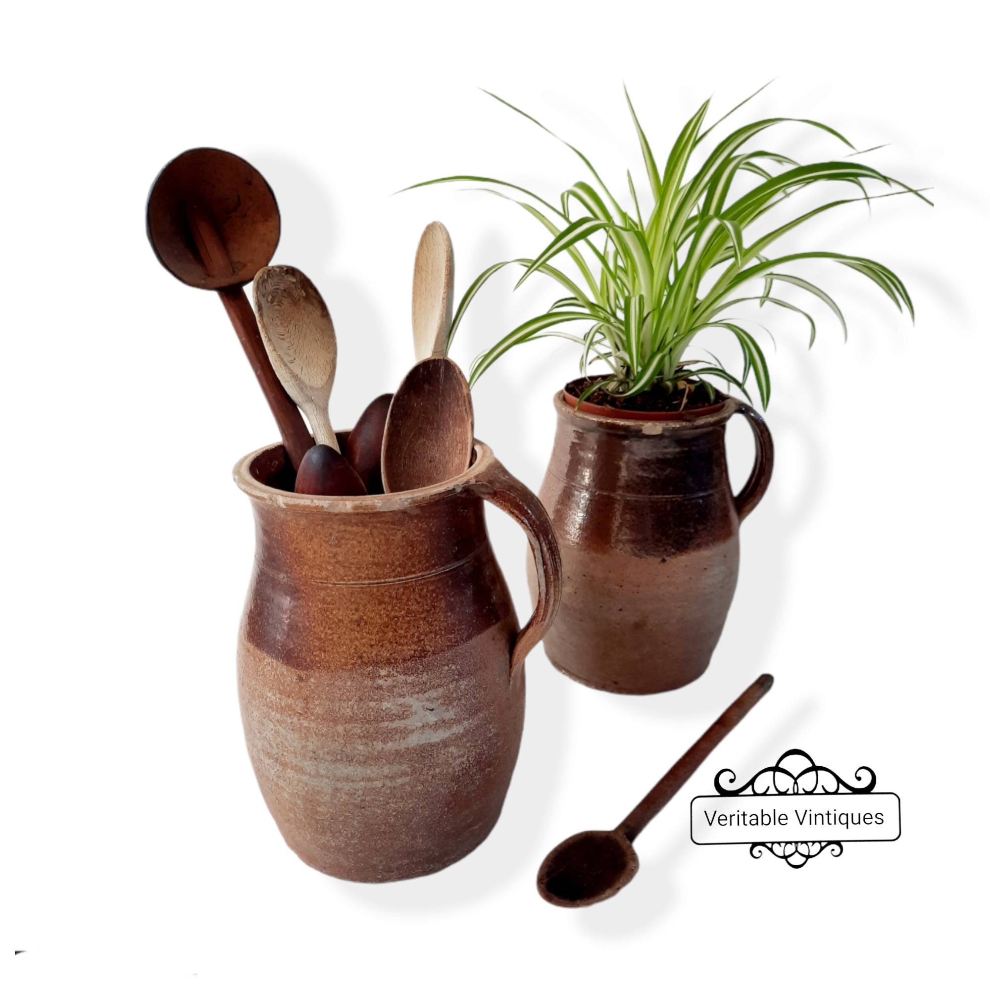 Grand Pichet de Grès Antique Français, avec Poignée, Porte-Ustensiles Cuisine, Pot Confit, Cruche Ru