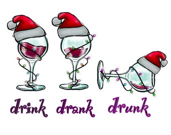 May include: Three wine glasses with red wine and Christmas lights wrapped around them. The glasses are wearing Santa hats. The text "drink", "drank", and "drunk" is written below the glasses.