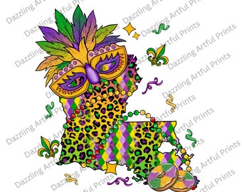 May include: A colorful Mardi Gras themed design featuring a purple, green, and gold Louisiana state outline with a leopard print pattern. The state is decorated with beads, a mask, and two green, gold, and purple donuts.