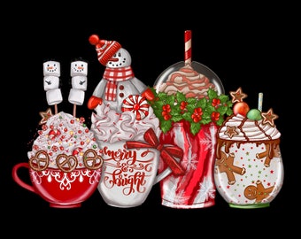 Christmas coffee PNG, snowmen red peppermint iced latte sweets snow cozy winter women Sublimation design hand drawn Printable file Tshirt