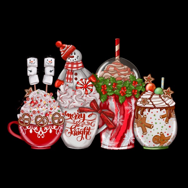 Christmas coffee PNG, snowmen red peppermint iced latte sweets snow cozy winter women Sublimation design hand drawn Printable file Tshirt