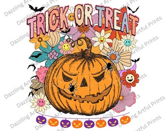 Trick or Treat Png, Retro Flowers Halloween PNG Design, Halloween Design, Pumpkin Png, Brushstrokes Png, Sublimation Designs Downloads