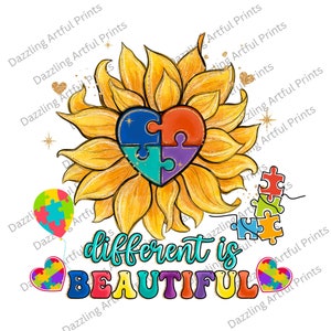 Different is beautiful Autism png sublimation design download, Autism Awareness png, Autism Sunflower heart png, sublimate designs download