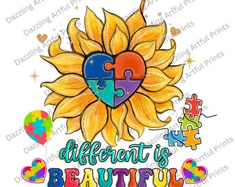 Different is beautiful Autism png sublimation design download, Autism Awareness png, Autism Sunflower heart png, sublimate designs download
