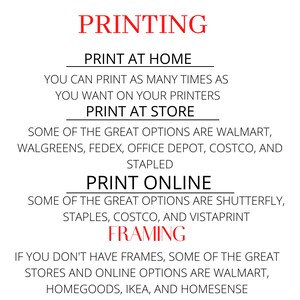 Puede incluir: Texto rojo sobre fondo blanco con la palabra "PRINTING" en la parte superior. El texto a continuaci&oacute;n explica diferentes formas de imprimir y enmarcar fotos, incluyendo la impresi&oacute;n en casa, en una tienda o en l&iacute;nea. Tambi&eacute;n enumera algunas tiendas populares para imprimir y enmarcar.