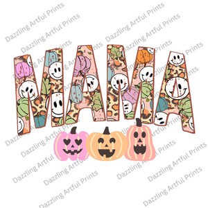 May include: A Halloween design with the word "MAMA" in a leopard print pattern, decorated with pumpkins, leaves, and smiling faces. Below, three carved pumpkins in pink, orange, and peach.