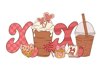 Amante de café dos namorados Xoxo PNG, latte iced stars café download digital, design de sublimação desenhado à mão para impressão gráfica camisa de presente personalizada