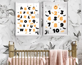 Kids Halloween Educational Printable Art,Boho Halloween Nursery Print,Halloween Printable Wall Art, Halloween Art, Halloween Decor,Set of 2