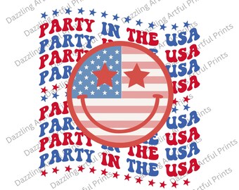 Party in the USA Png, Retro Png, 4th of July Png, Leopard Print Png, Retro Groovy Smiley Face, Vintage Png, Sublimate Design Download