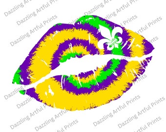 May include: Purple, green and yellow tie-dye lips with a white fleur-de-lis in the centre.