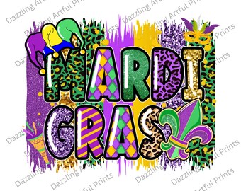 May include: A colorful Mardi Gras design with the words "MARDI GRAS" in large, bold letters. The design incorporates a jester's hat, a mask, and a fleur-de-lis. The letters are decorated with glitter, leopard print, and geometric patterns, set against a textured background.