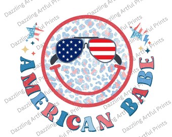 USA Flag American Babe Png, 4th of July Png, Retro Happy Face Png, Leopard Print Png, Vintage Groovy Smiley Face, Sublimate Design Download