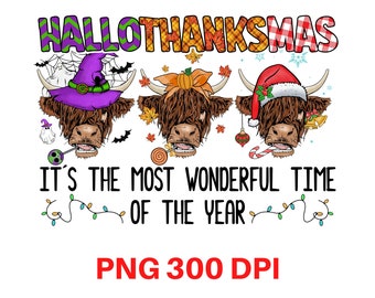Feliz Hallothanksmas Highland Cow PNG, Cow Clipart, Fall PNG, Halloween png, Christmas PNG, Western Png, Instant Download, Sublimation Design