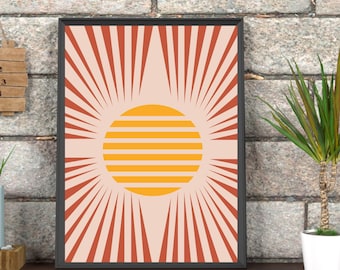 Arte minimalista de la pared del sol, impresión del sol boho, decoración del hogar del sol dorado, moderno de mediados de siglo, póster minimalista del sol amarillo imprimible, decoración de la pared boho