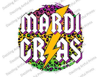 May include: A white graphic with the words "Mardi Gras" in a bold, blocky font. The graphic is set against a background of a colorful leopard print with a yellow lightning bolt.