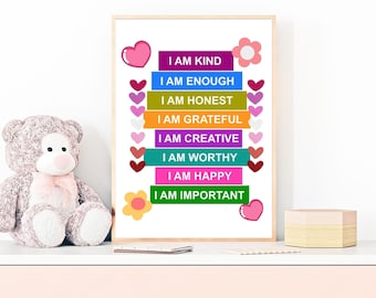 Kids Positive Affirmations, Homeschool Art, Printable Nursery Decor, Affirmation Wall Art, Playroom Decor, Kids Bedroom, positive