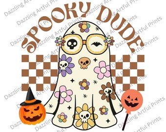 May include: A whimsical Halloween-themed design featuring a ghost wearing glasses and adorned with flowers and skulls. The ghost is surrounded by a jack-o'-lantern, a lollipop, and the words "Spooky Dude". The background includes a brown and white checkered pattern.