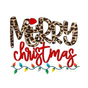 Leopard Print Merry Christmas with Santa Hat, Christmas PNG Digital Design, Holiday Sublimation Design Download, Printable Instant Download