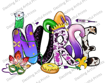 May include: Purple, green, and black "NURSE" lettering with Mardi Gras themed decorations, including a jester hat, a donut, a mask, and a fleur-de-lis.