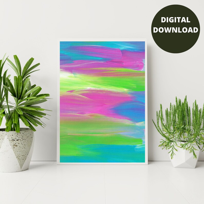 Puede incluir: Impresi&oacute;n digital de arte abstracto con colores brillantes, incluyendo rosa, azul, verde y amarillo. Los colores se superponen en franjas horizontales, creando un dise&ntilde;o din&aacute;mico y vibrante.