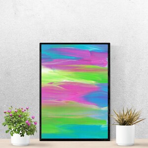 Puede incluir: Pintura abstracta en un marco negro con colores brillantes de rosa, azul, verde y amarillo. La pintura tiene un patr&oacute;n de pinceladas horizontales.