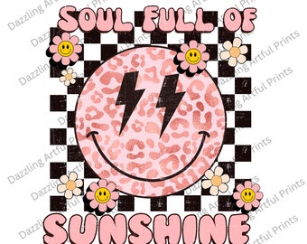 Soul Full of Sunshine PNG, Leopard Smiley Face Png, Retro Png, Summer Png, Self Love Png, Boho, Diseño de sublimación, Imprimible, Descarga digital