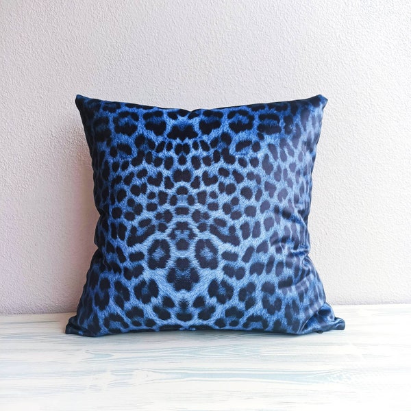 Leopard blue pillow, throw pillow wild leopard pillow, velvet euro sham cover 20x20 22x22 22x22, ALL SIZE