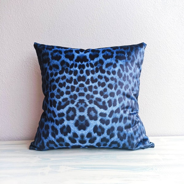 Leopard blau Kissen, Dekokissen wilde Leopardenkissen, Samt Euro Scheinbezug 20x20 22x22 22x22, ALLE GRÖßEN