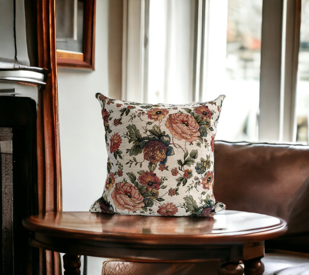 Floral Cream Pillow Cover, Vintage Rose Woven Cushion, Throw Pillow ...