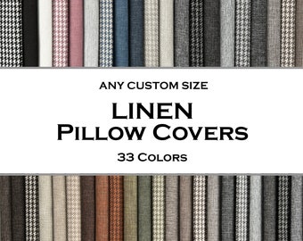 Puede incluir: Una colección de 33 fundas de cojín de lino en varios colores y patrones, incluyendo pata de gallo y colores sólidos. El texto "ANY CUSTOM SIZE LINEN PILLOW COVERS 33 COLORS" se muestra debajo de la imagen.