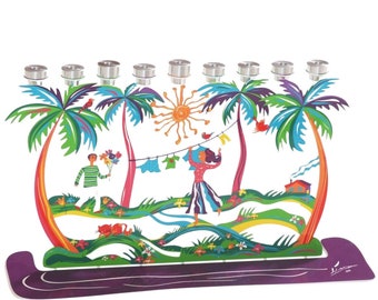 Large Colorful Kids Menorah, Happy Israeli Summer Menorah, Trees Hanukkah Menorah, Nature Inspired Menorah, Multicolored Children Menorah