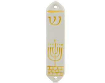 Keramik Mezuzah Case mit Menora-Bild