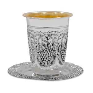 Sterling Silver Kiddush Cup Set, Grape Design Kiddush Cup, Round Kiddush Plate, Shabbat Judaica, Jewish Gift, Silver Judaica