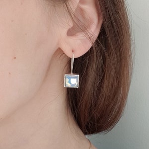 Handmade square sterling silver dangle earrings, natural moonstone earrings, simple everyday light blue dangle earrings