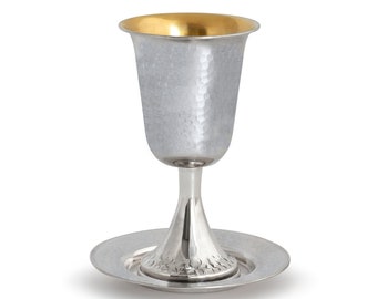 Sterling silver hammered Kiddush Cup and plate, Cup with Plate Set, traditional Judaica,  gold coating, Shabbat, Jewish Wedding Gift
