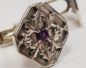 men's sterling silver vintage style cufflinks with natural purple gemstone, high quality silver cuff links, gift for dad, gift for him