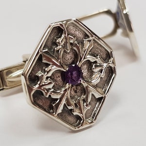 Große Manschettenknöpfe aus Sterlingsilber im Vintage-Stil mit natürlichem lila Edelstein, Geschenk für Papa, Geschenk für Ihn