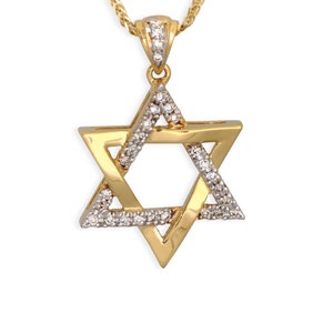 Atemberaubender mittelgroßer Davidstern-Anhänger, klassischer 14k Gold & Diamanten-Davidstern, gewebter Davidstern, jüdischer Sternanhänger für Frauen
